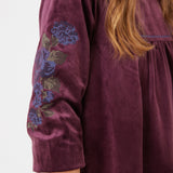 שמלת קטיפה עם רקמת פרחים - בורדו