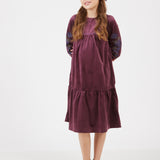 שמלת קטיפה עם רקמת פרחים - בורדו