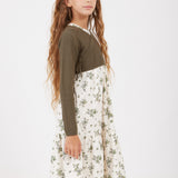 שמלה פרחונית בשילוב סריג - זית