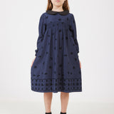 שמלה פרחונית עם צווארון קטיפה - נייבי