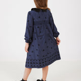 שמלה פרחונית עם צווארון קטיפה - נייבי