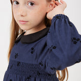 שמלה פרחונית עם צווארון קטיפה - נייבי