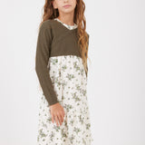 שמלה פרחונית בשילוב סריג - זית