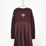 שמלת פליסה בשילוב סריג - בורדו