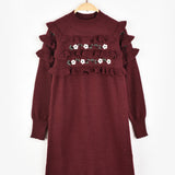 שמלת סריג עם פרחים - בורדו