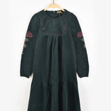 שמלת קטיפה עם רקמת פרחים - ירוק