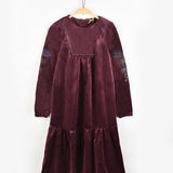 שמלת קטיפה עם רקמת פרחים - בורדו