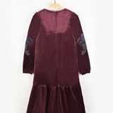 שמלת קטיפה עם רקמת פרחים - בורדו