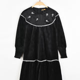 שמלת קטיפה עם פרחים - שחור