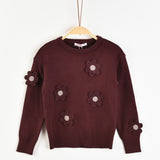 סוודר בשילוב פרחים סרוגים - בורדו