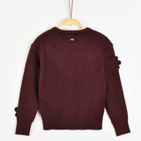 סוודר בשילוב פרחים סרוגים - בורדו