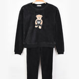 פיג'מת קטיפה עם דובי  - שחור