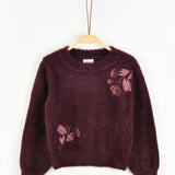 חולצת סריג עם רקמת פרחים - בורדו