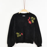 חולצת סריג עם רקמת פרחים - שחור