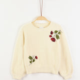 חולצת סריג עם רקמת פרחים - שמנת