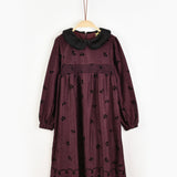 שמלה פרחונית עם צווארון קטיפה - בורדו