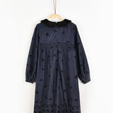 שמלה פרחונית עם צווארון קטיפה - נייבי