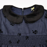 שמלה פרחונית עם צווארון קטיפה - נייבי