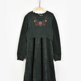 שמלת קטיפה בשילוב וסט סריג - ירוק