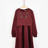 שמלת קטיפה בשילוב וסט סריג - בורדו