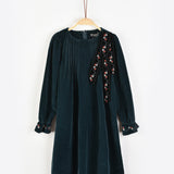 שמלת קטיפה בשילוב סרט פרחוני - ירוק