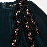 שמלת קטיפה בשילוב סרט פרחוני - ירוק