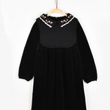 שמלה עם צווארון רקמה - שחור