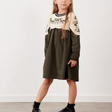 שמלה בשילוב סריג פרחוני - זית