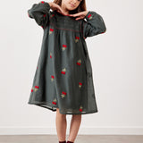 שמלה עם רקמת דובדבנים - ירוק