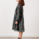 שמלה עם רקמת דובדבנים - ירוק