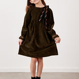 שמלת קטיפה בשילוב סרט פרחוני - זית