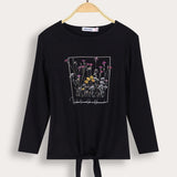 Ribbed knit shirt with print - black
