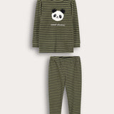 סט פיג'מת פסים פנדה - זית