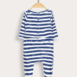 Striped Babygrow with Ship Embroidery - Navy