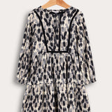 שמלה מודפסת בעיטור סרט קטיפה - אבן