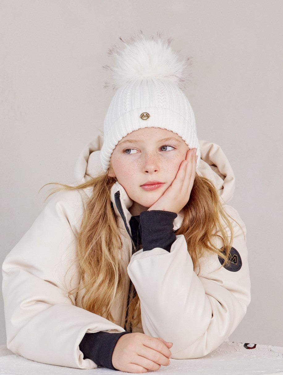 כובע עם פונפון פרווה - שמנת