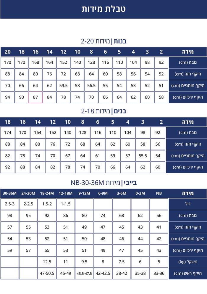 טבלת מידות