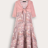Ethnic print robe with cardigan - powder