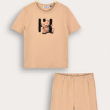 Short-short pajamas with bear patch - beige
