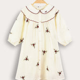 שמלת כפתורים עם רקמת פרחים - שמנת