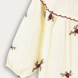 שמלת כפתורים עם רקמת פרחים - שמנת