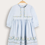 Embroidered dress with gathers - light blue