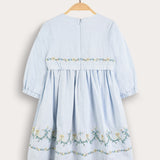 Embroidered dress with gathers - light blue