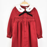 שמלת כפתורים עם צווארון רקמה - בורדו