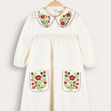 שמלה עם רקמת פרחים - שמנת