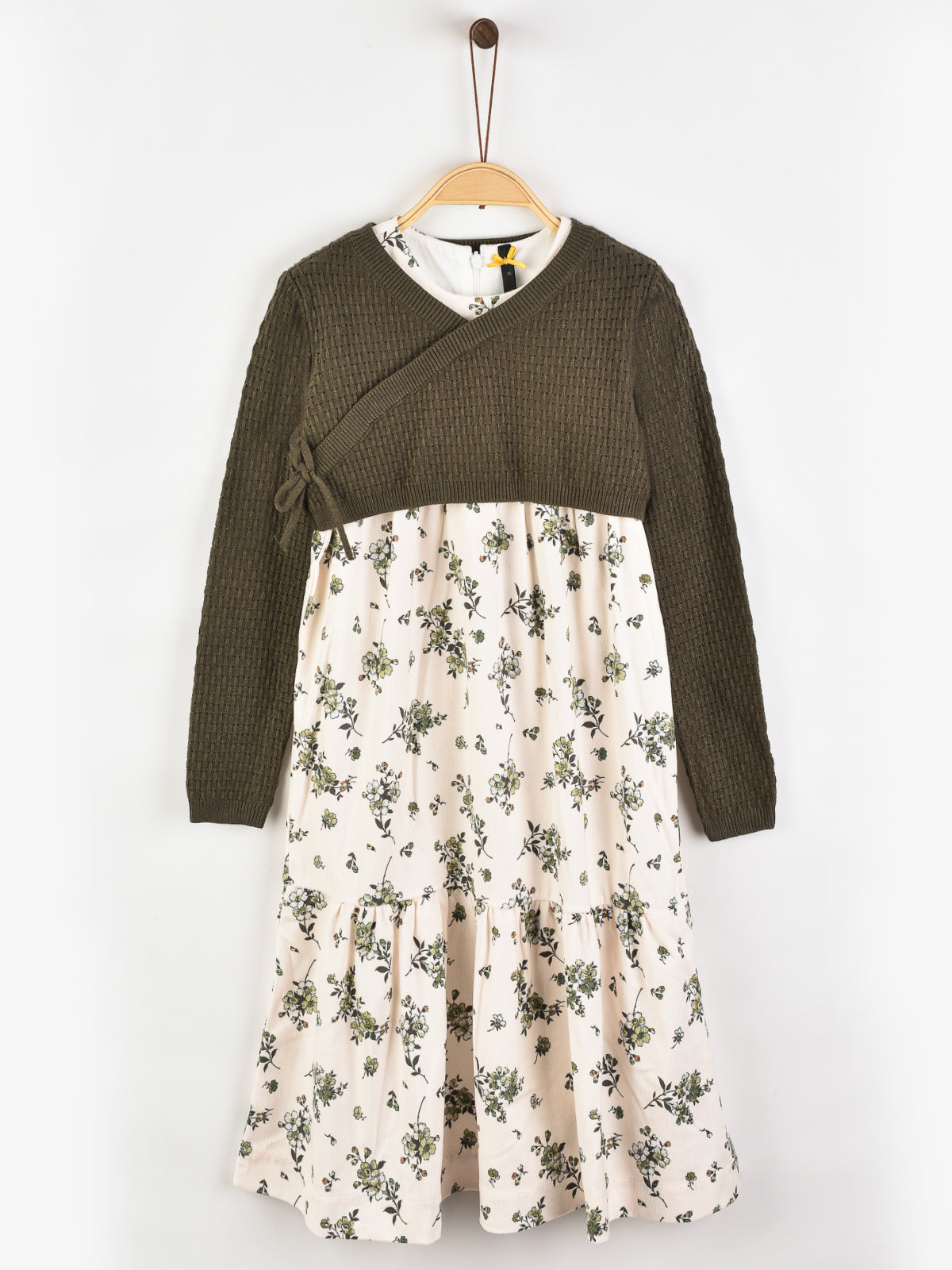 שמלה פרחונית בשילוב סריג - זית