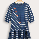 שמלת פסים עם פפיונים - כחול