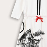 שמלת כיסים בהדפס כפרי - לבן