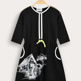 שמלת כיסים בהדפס כפרי - שחור