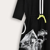 שמלת כיסים בהדפס כפרי - שחור